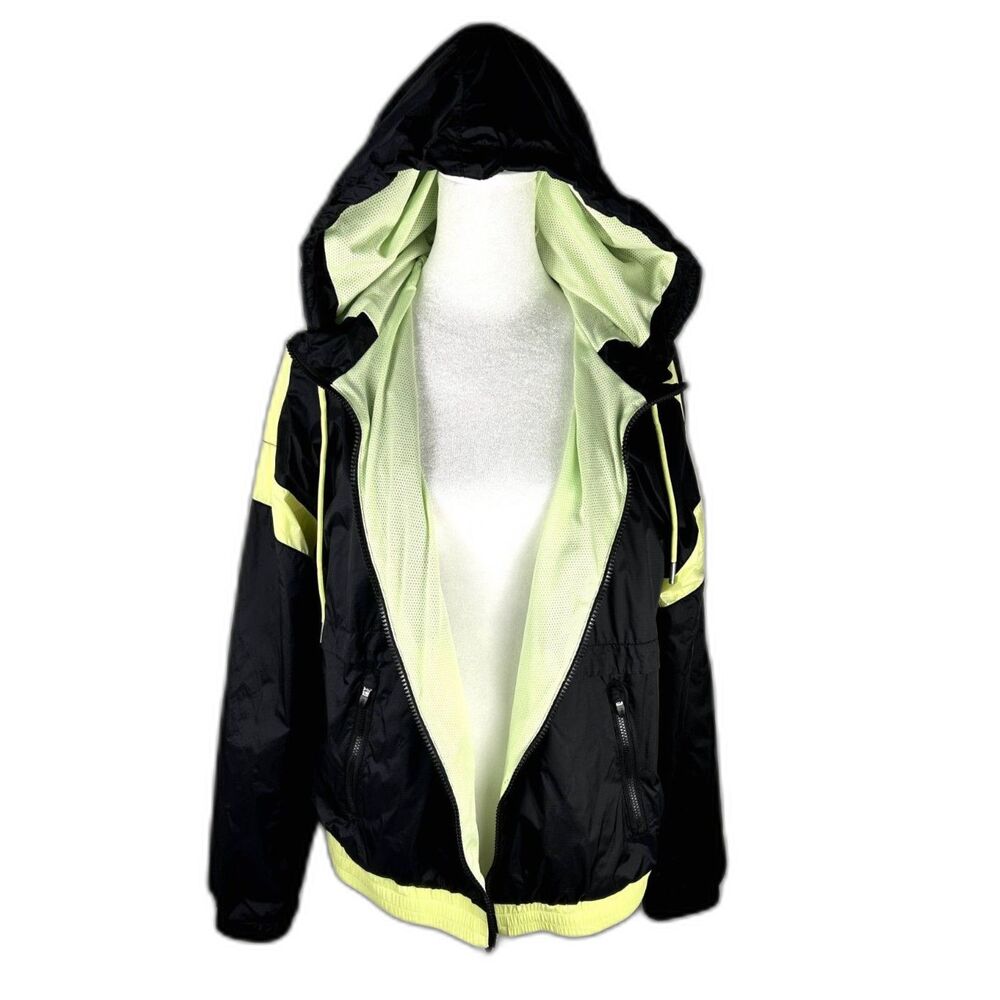 Hilfiger Windbreaker Lined Wm Sz M Navy Blue & Neon Yellow Accents Soft Fabric